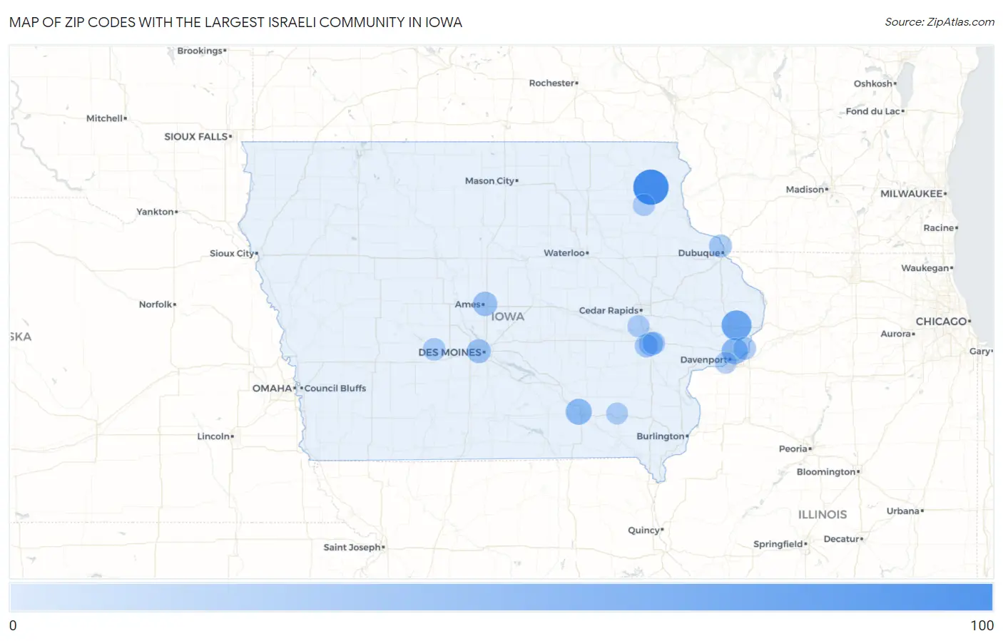 Zip Codes with the Largest Israeli Community in Iowa Map