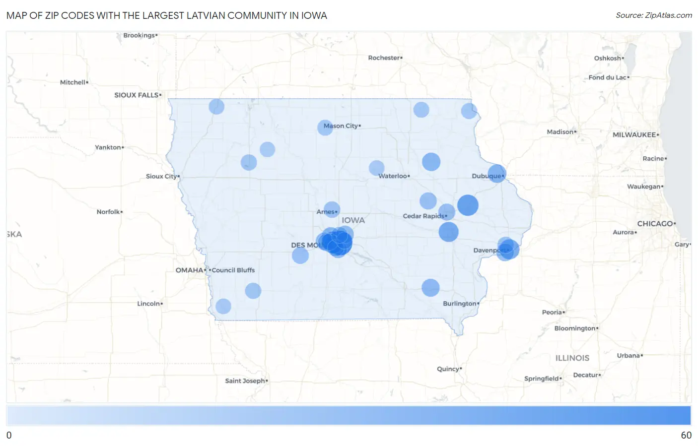 Zip Codes with the Largest Latvian Community in Iowa Map