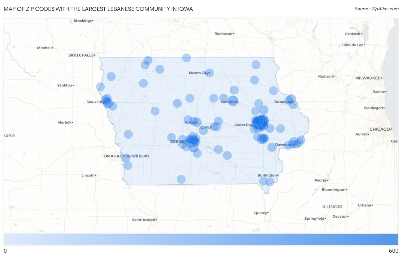 Zip Codes with the Largest Lebanese Community in Iowa Map