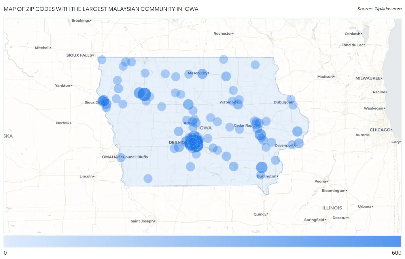 Zip Codes with the Largest Malaysian Community in Iowa Map