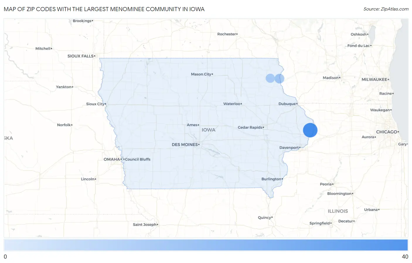 Zip Codes with the Largest Menominee Community in Iowa Map