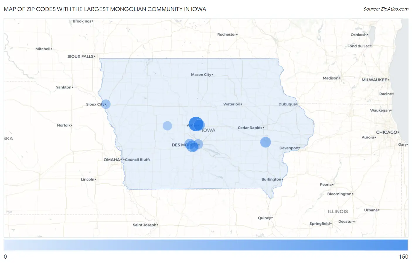 Zip Codes with the Largest Mongolian Community in Iowa Map