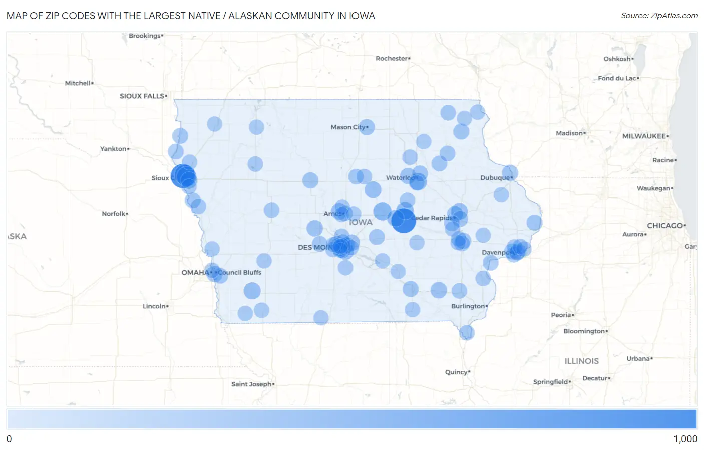 Zip Codes with the Largest Native / Alaskan Community in Iowa Map