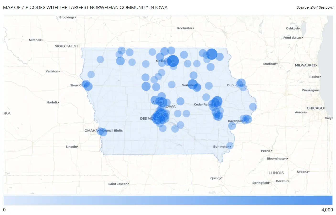 Zip Codes with the Largest Norwegian Community in Iowa Map