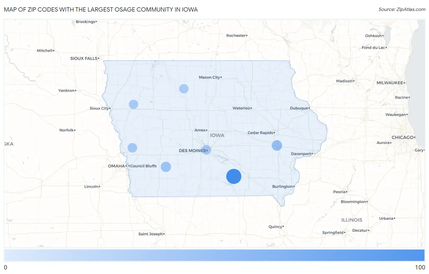 Zip Codes with the Largest Osage Community in Iowa Map
