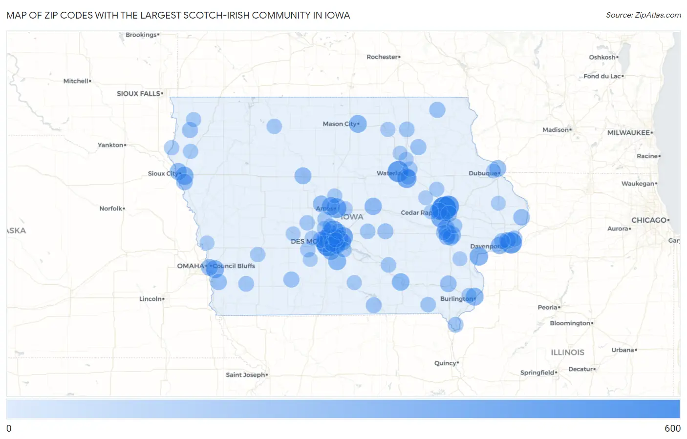 Zip Codes with the Largest Scotch-Irish Community in Iowa Map