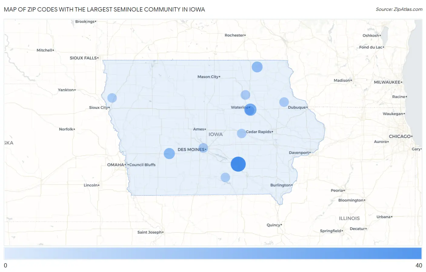 Zip Codes with the Largest Seminole Community in Iowa Map