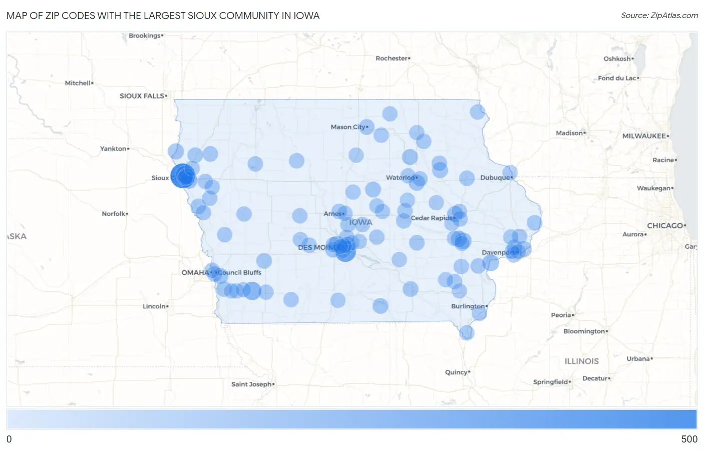 Zip Codes with the Largest Sioux Community in Iowa Map