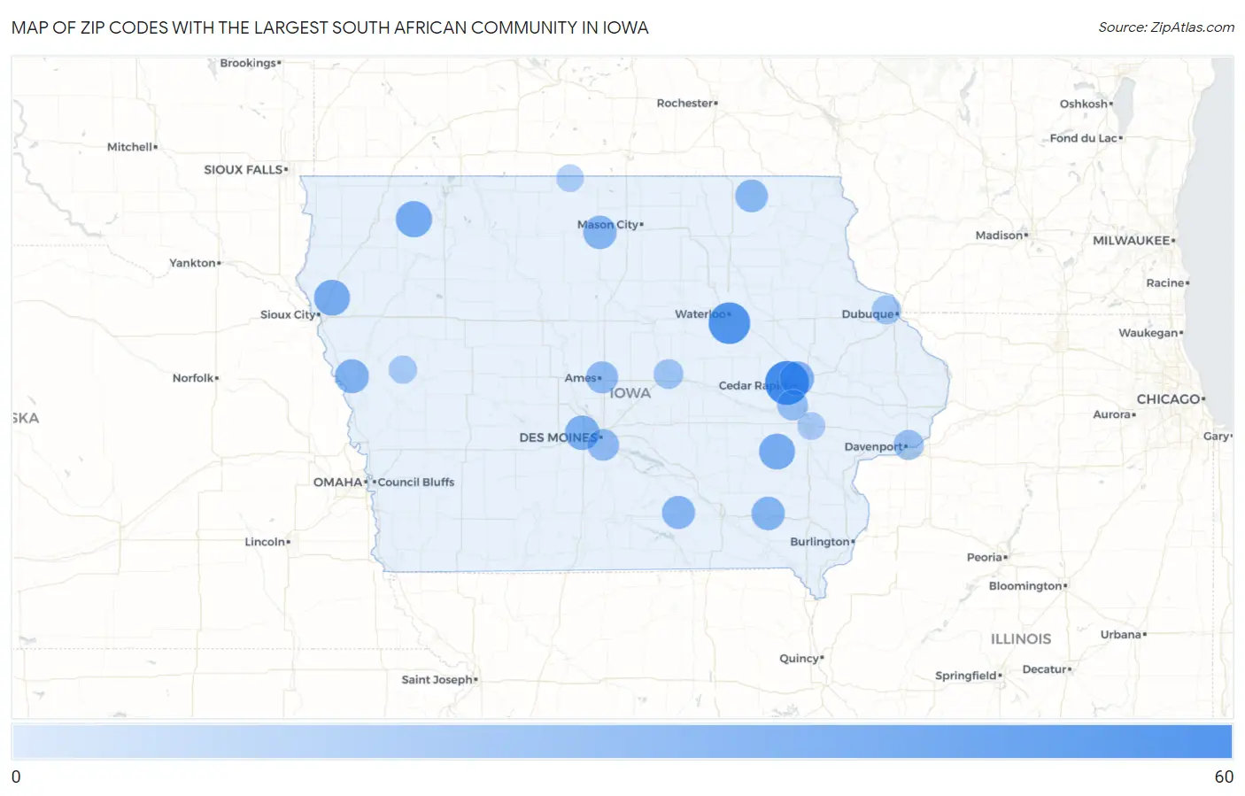 Zip Codes with the Largest South African Community in Iowa Map
