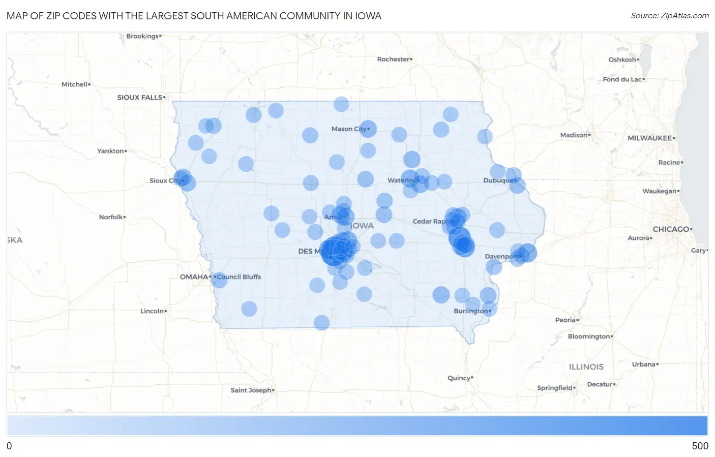 Zip Codes with the Largest South American Community in Iowa Map