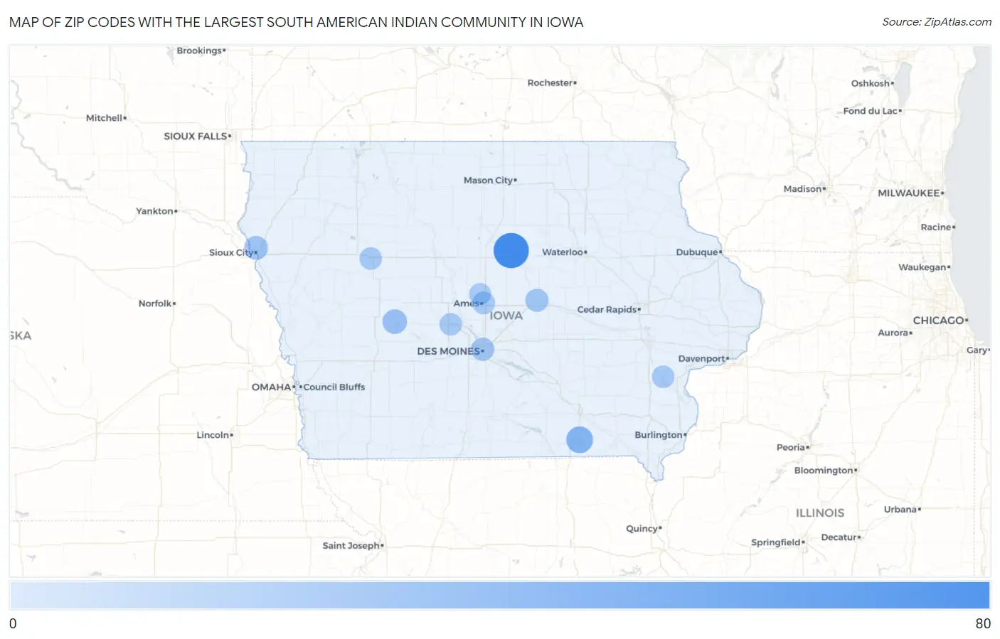 Zip Codes with the Largest South American Indian Community in Iowa Map
