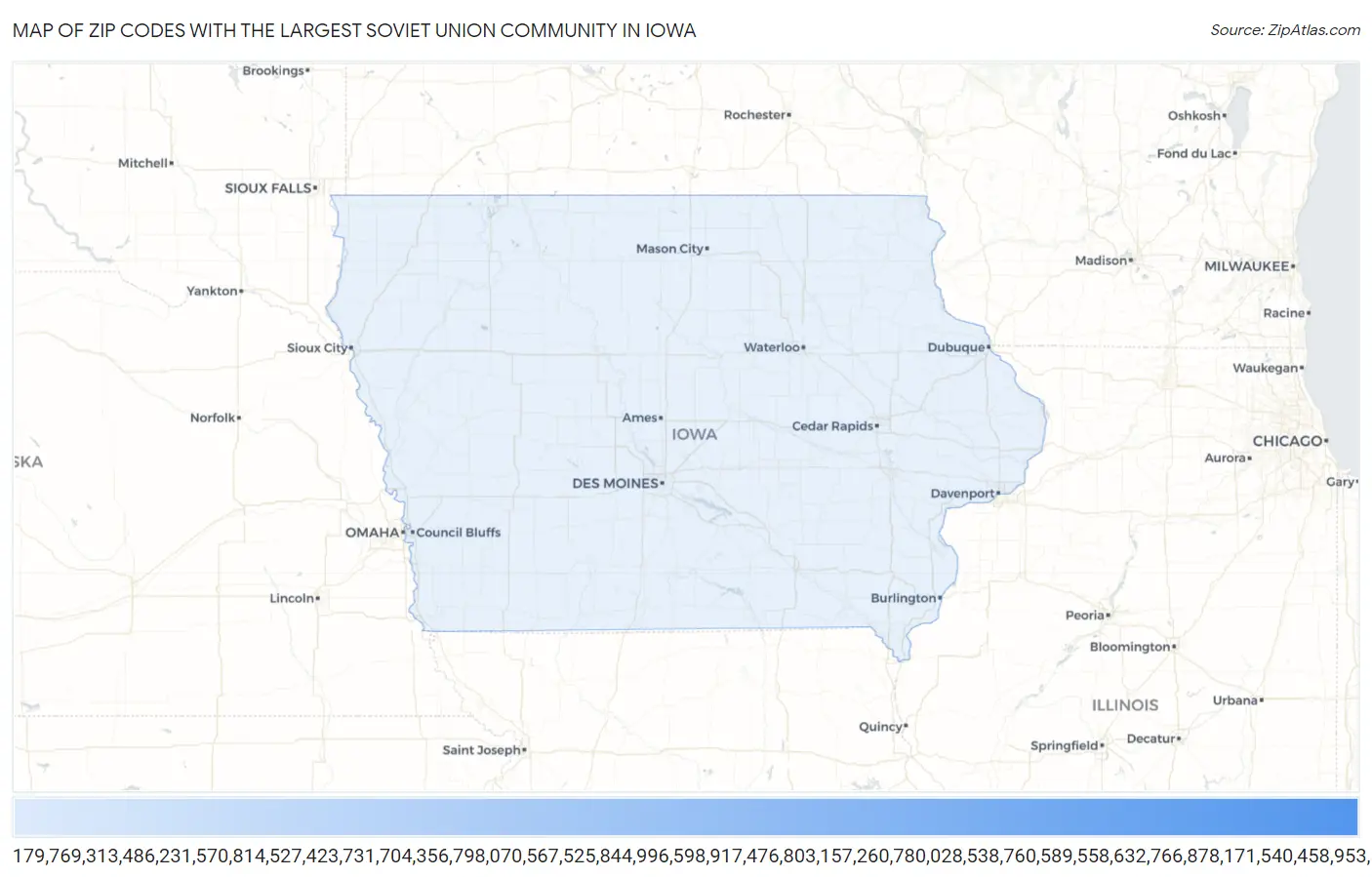Zip Codes with the Largest Soviet Union Community in Iowa Map