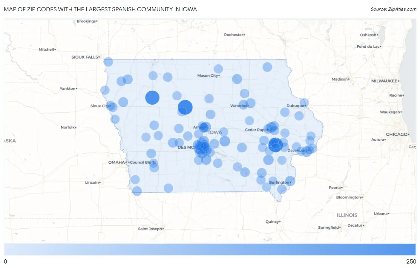 Zip Codes with the Largest Spanish Community in Iowa Map