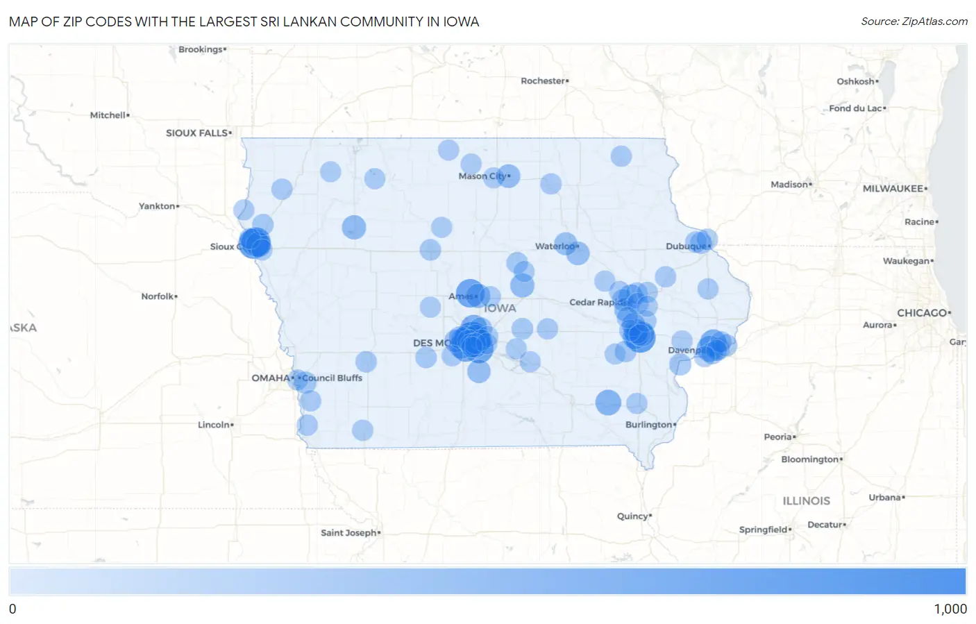 Zip Codes with the Largest Sri Lankan Community in Iowa Map