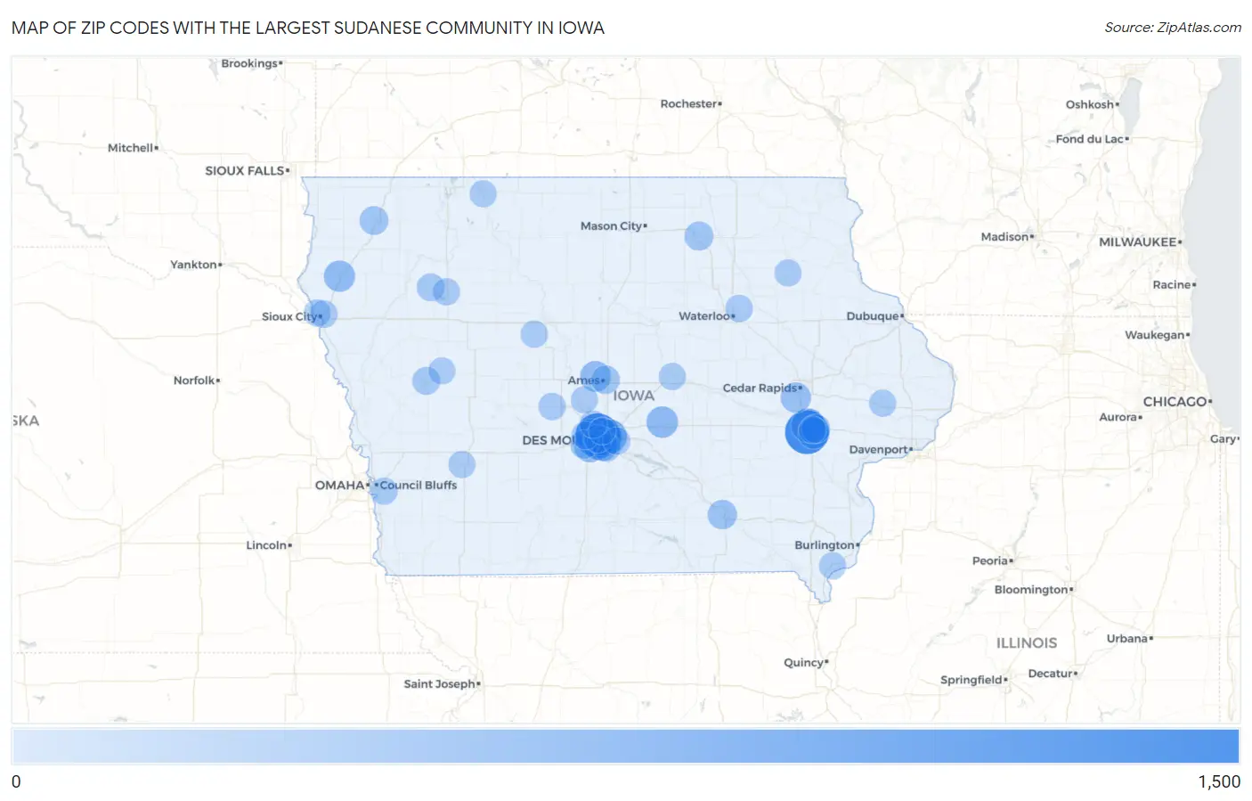 Zip Codes with the Largest Sudanese Community in Iowa Map
