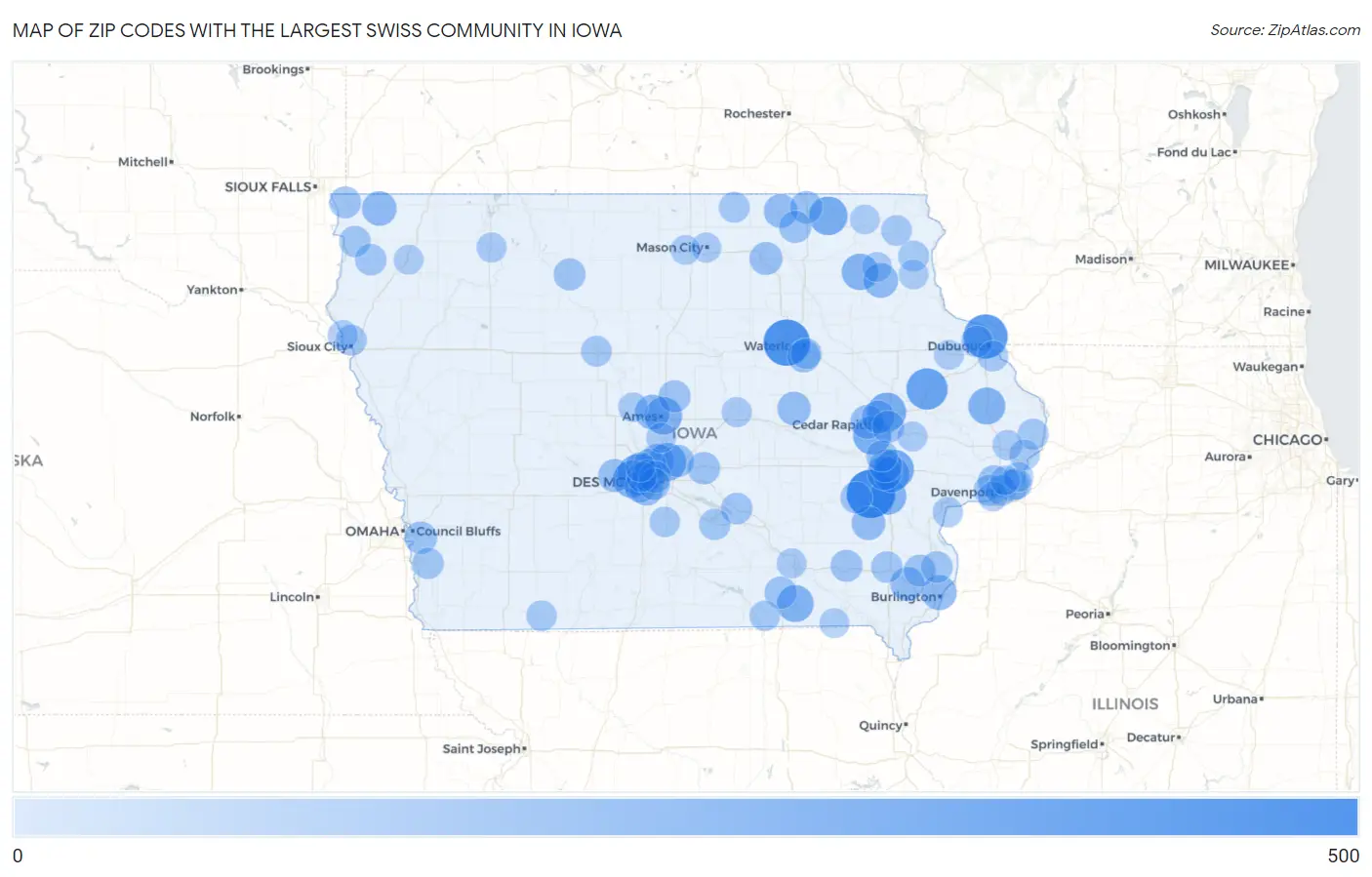 Zip Codes with the Largest Swiss Community in Iowa Map