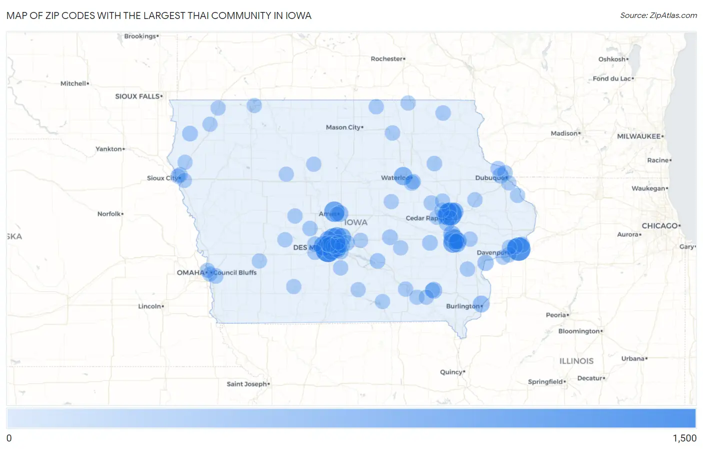 Zip Codes with the Largest Thai Community in Iowa Map