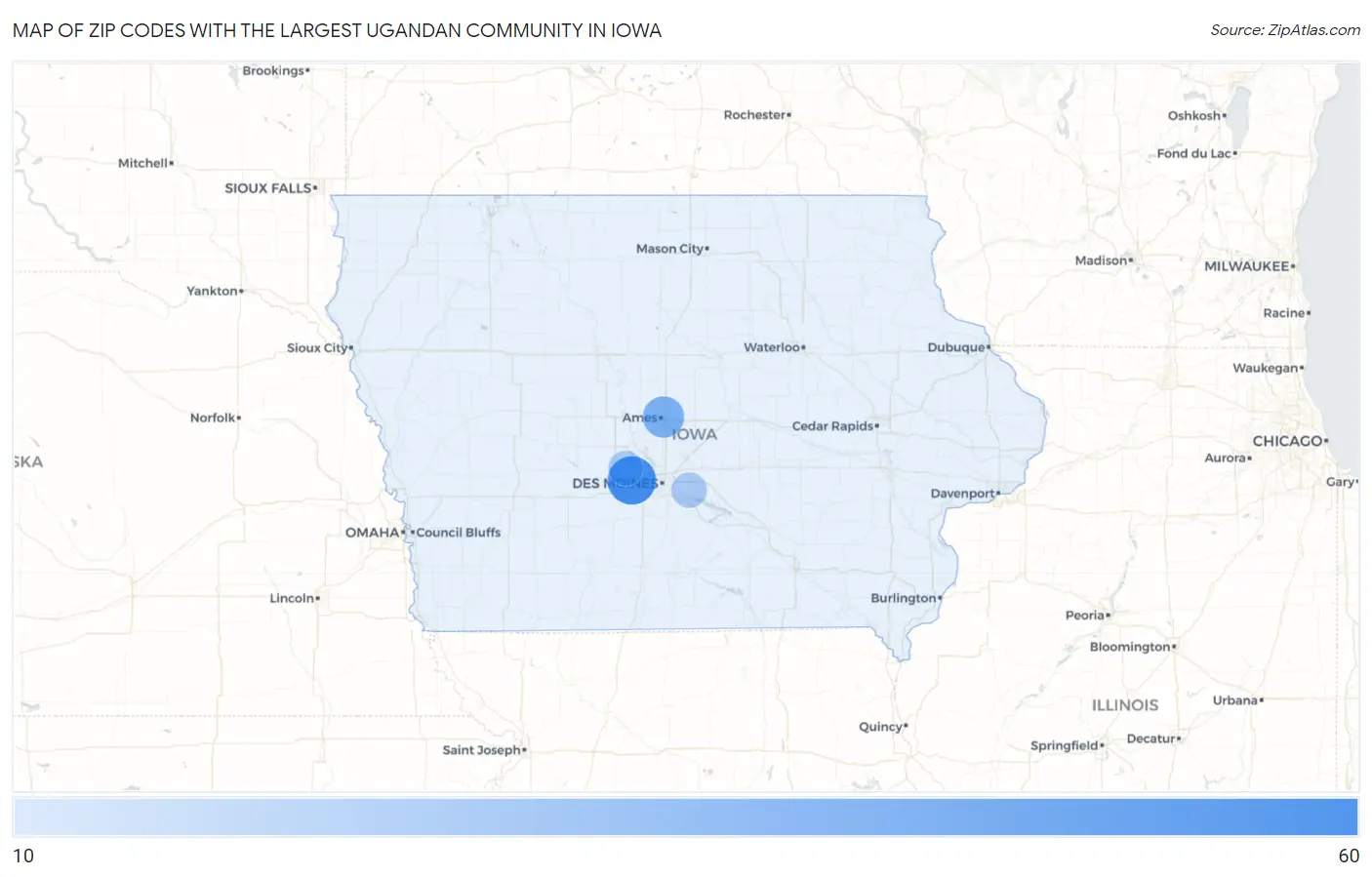 Zip Codes with the Largest Ugandan Community in Iowa Map