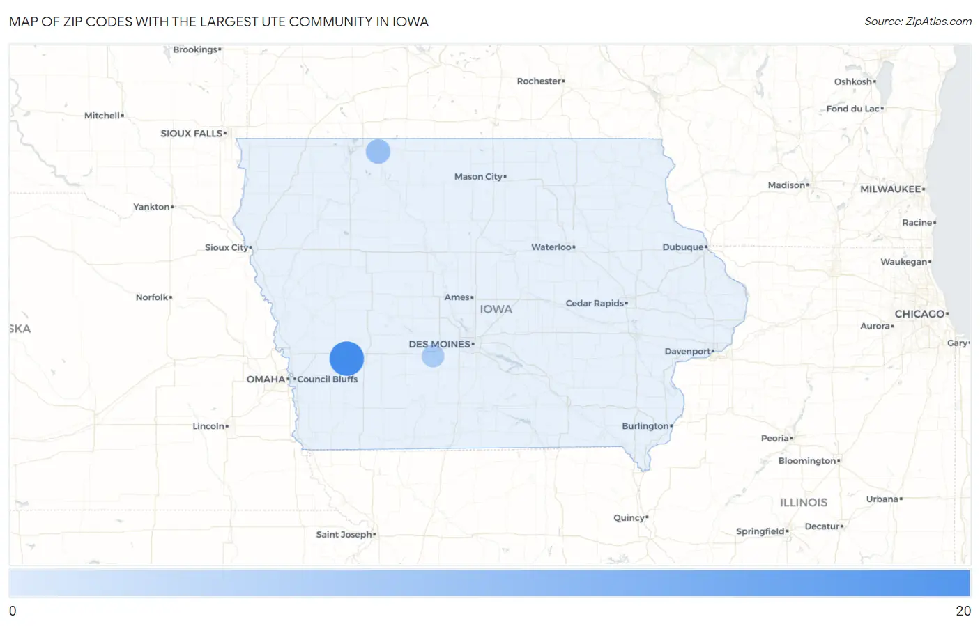 Zip Codes with the Largest Ute Community in Iowa Map