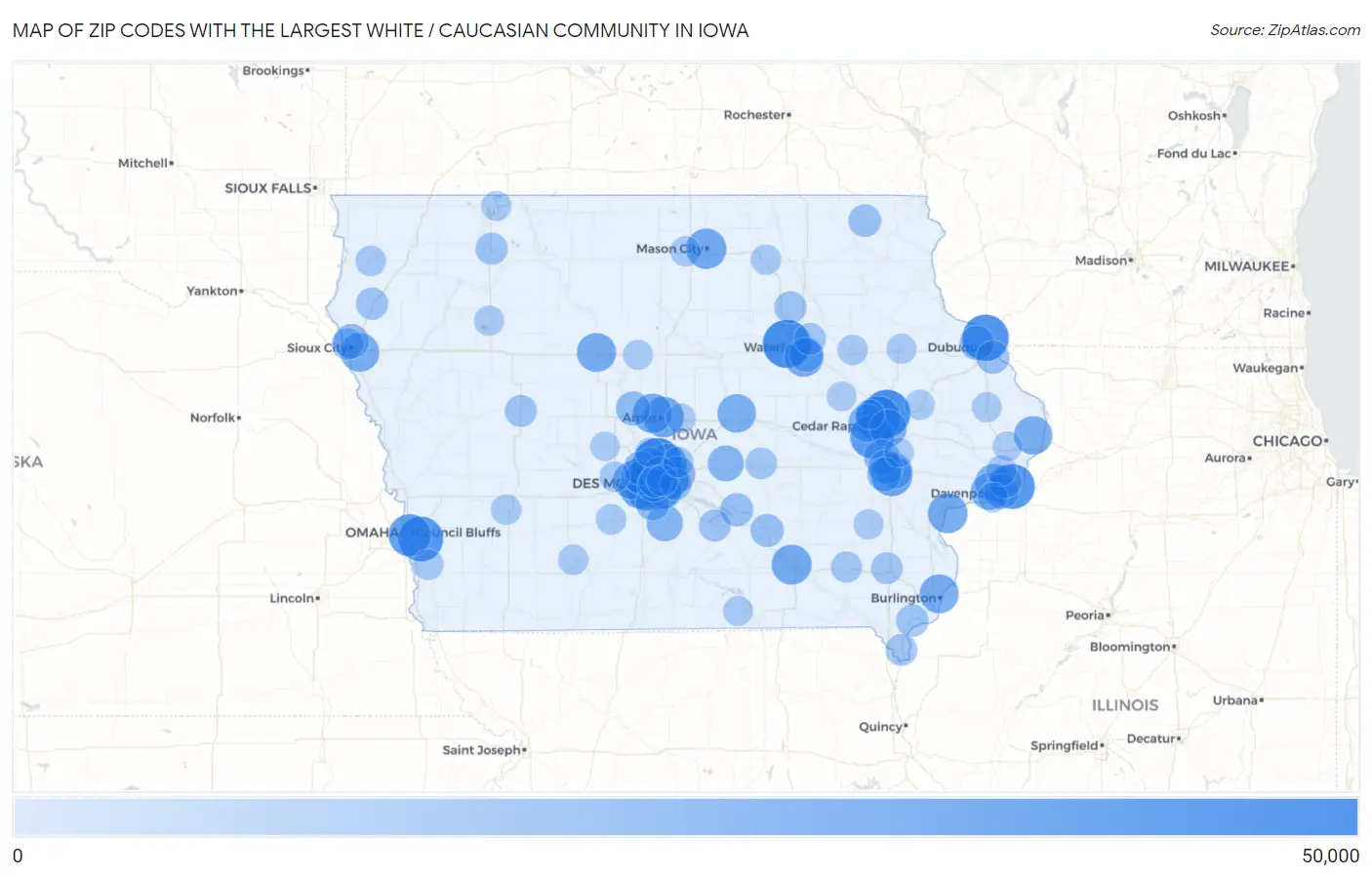 Zip Codes with the Largest White / Caucasian Community in Iowa Map