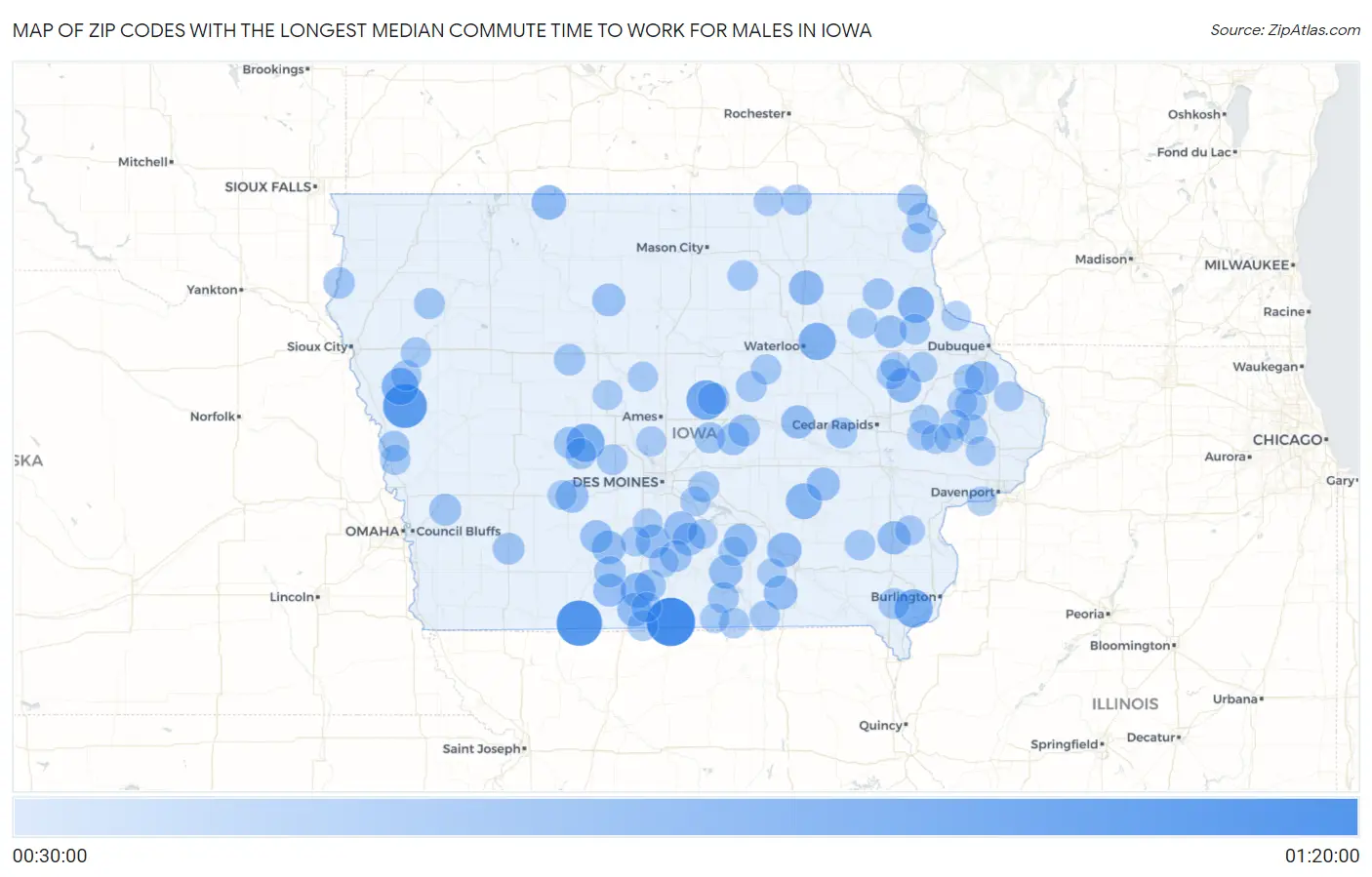 Zip Codes with the Longest Median Commute Time to Work for Males in Iowa Map
