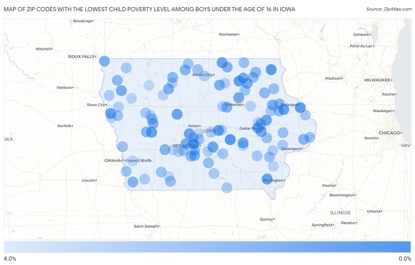 Zip Codes with the Lowest Child Poverty Level Among Boys Under the Age of 16 in Iowa Map