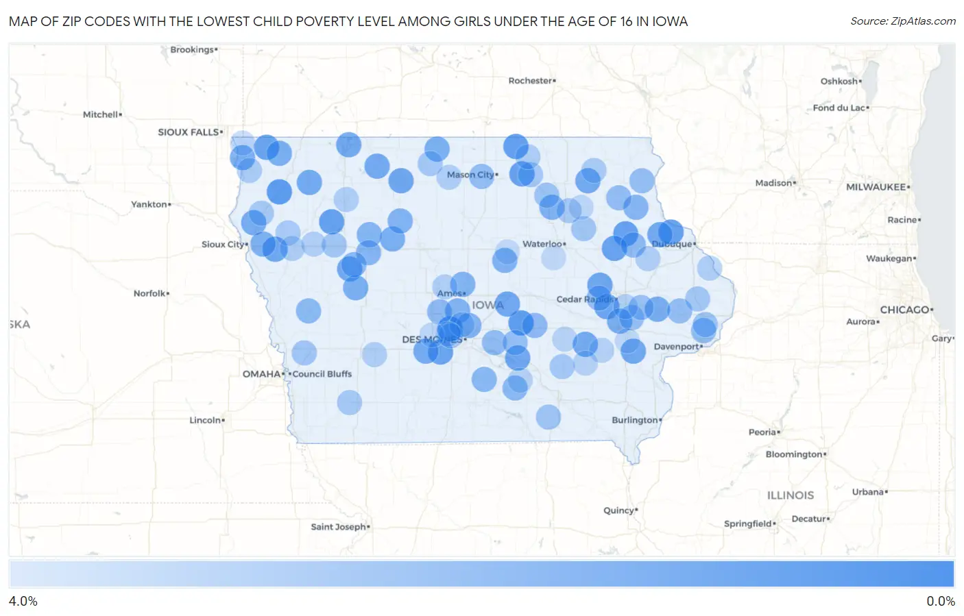 Zip Codes with the Lowest Child Poverty Level Among Girls Under the Age of 16 in Iowa Map