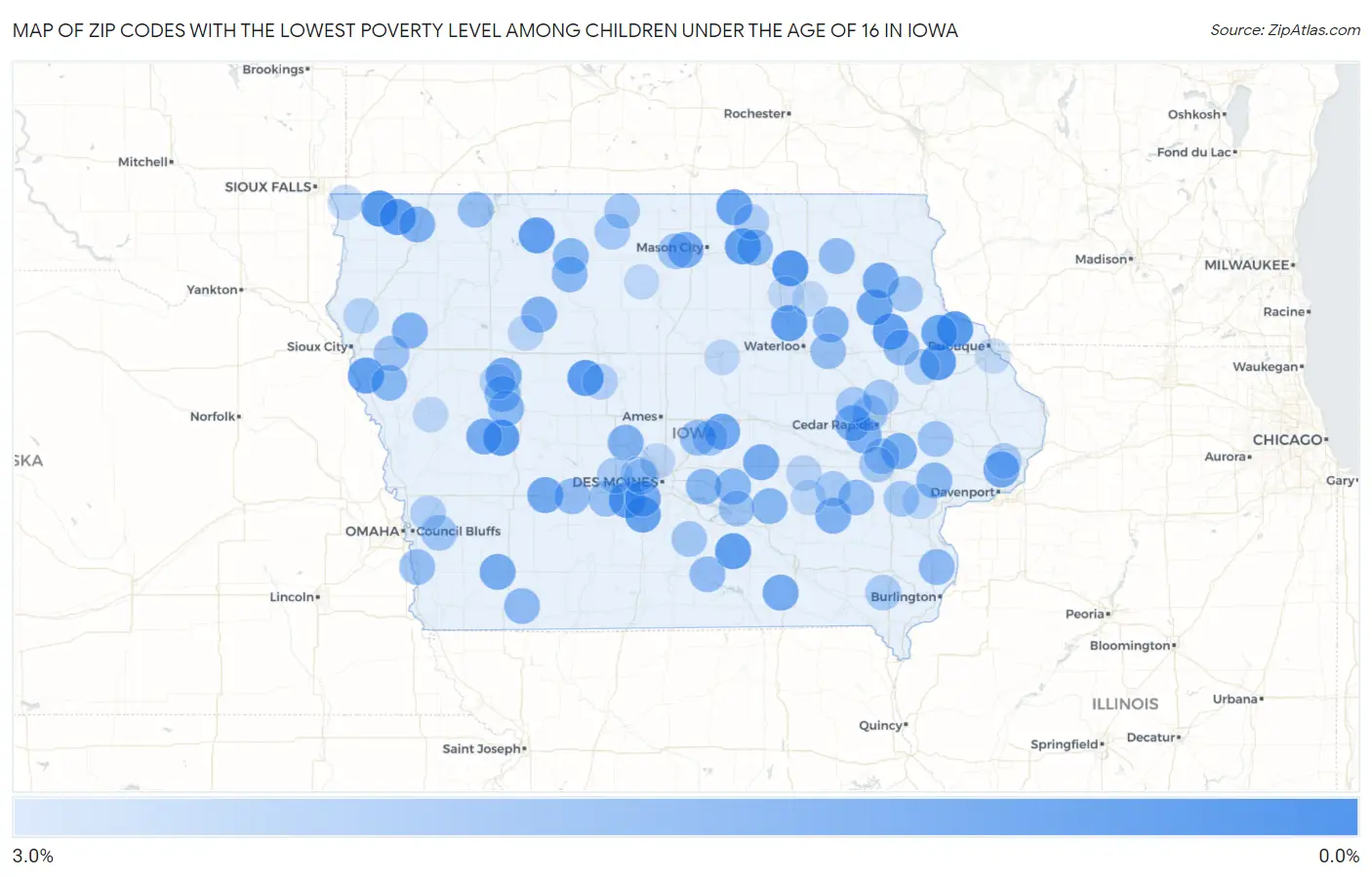 Zip Codes with the Lowest Poverty Level Among Children Under the Age of 16 in Iowa Map