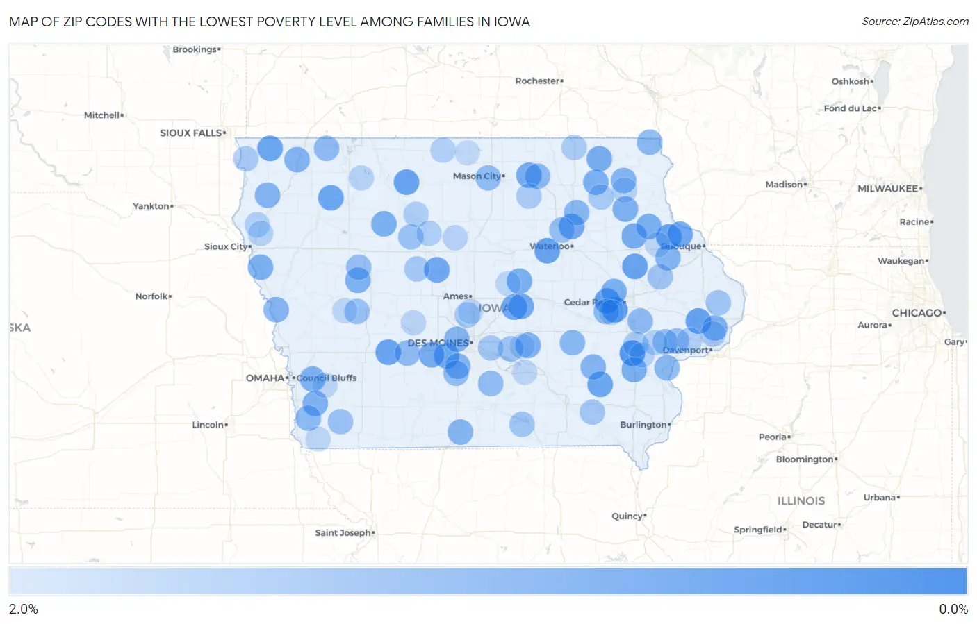 Zip Codes with the Lowest Poverty Level Among Families in Iowa Map