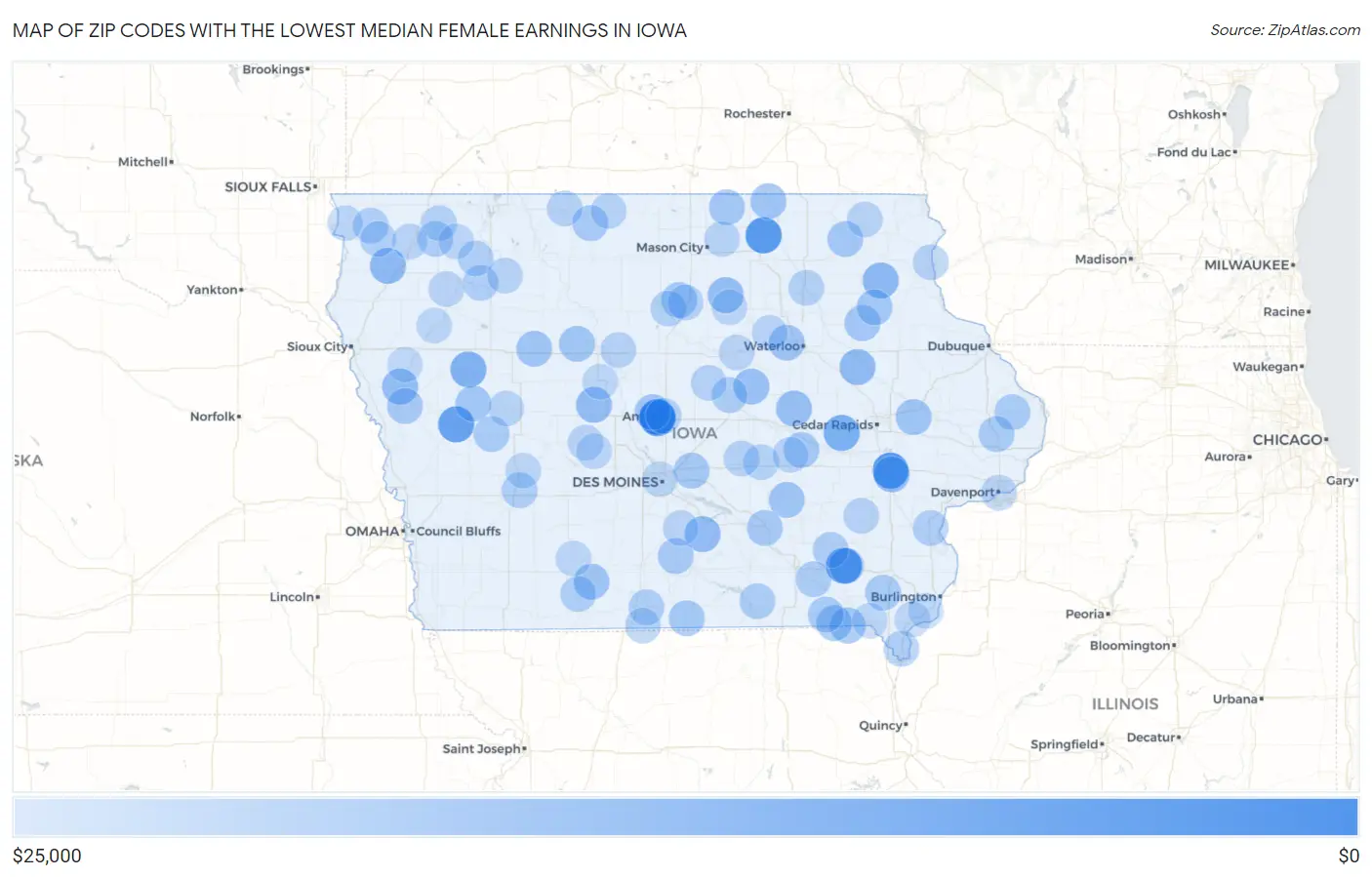Zip Codes with the Lowest Median Female Earnings in Iowa Map