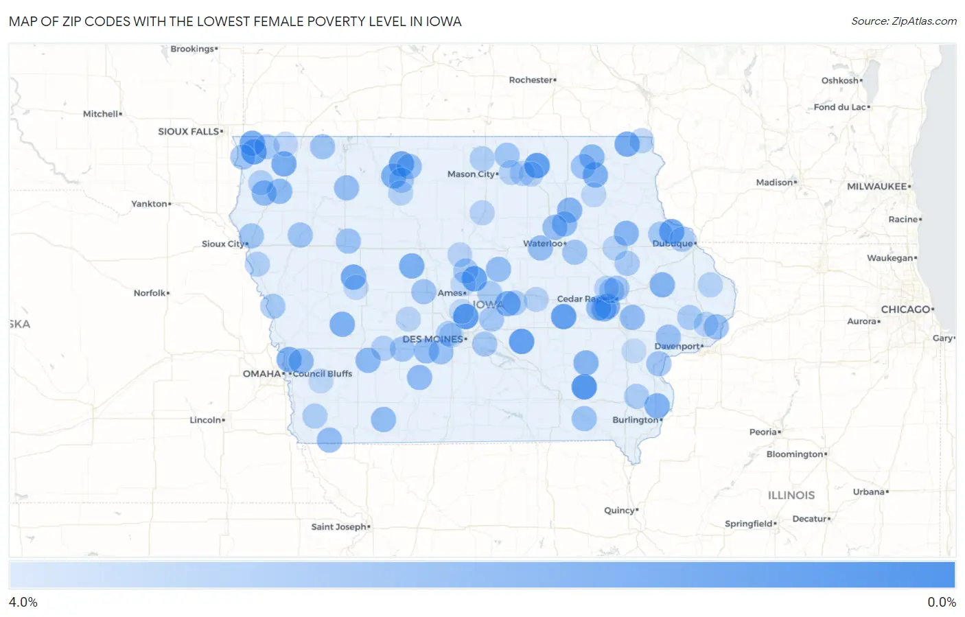 Zip Codes with the Lowest Female Poverty Level in Iowa Map