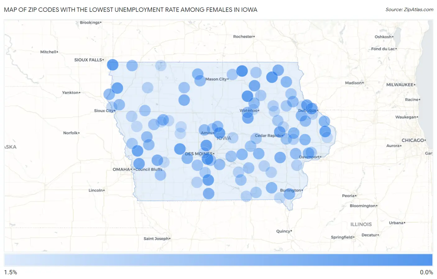 Zip Codes with the Lowest Unemployment Rate Among Females in Iowa Map