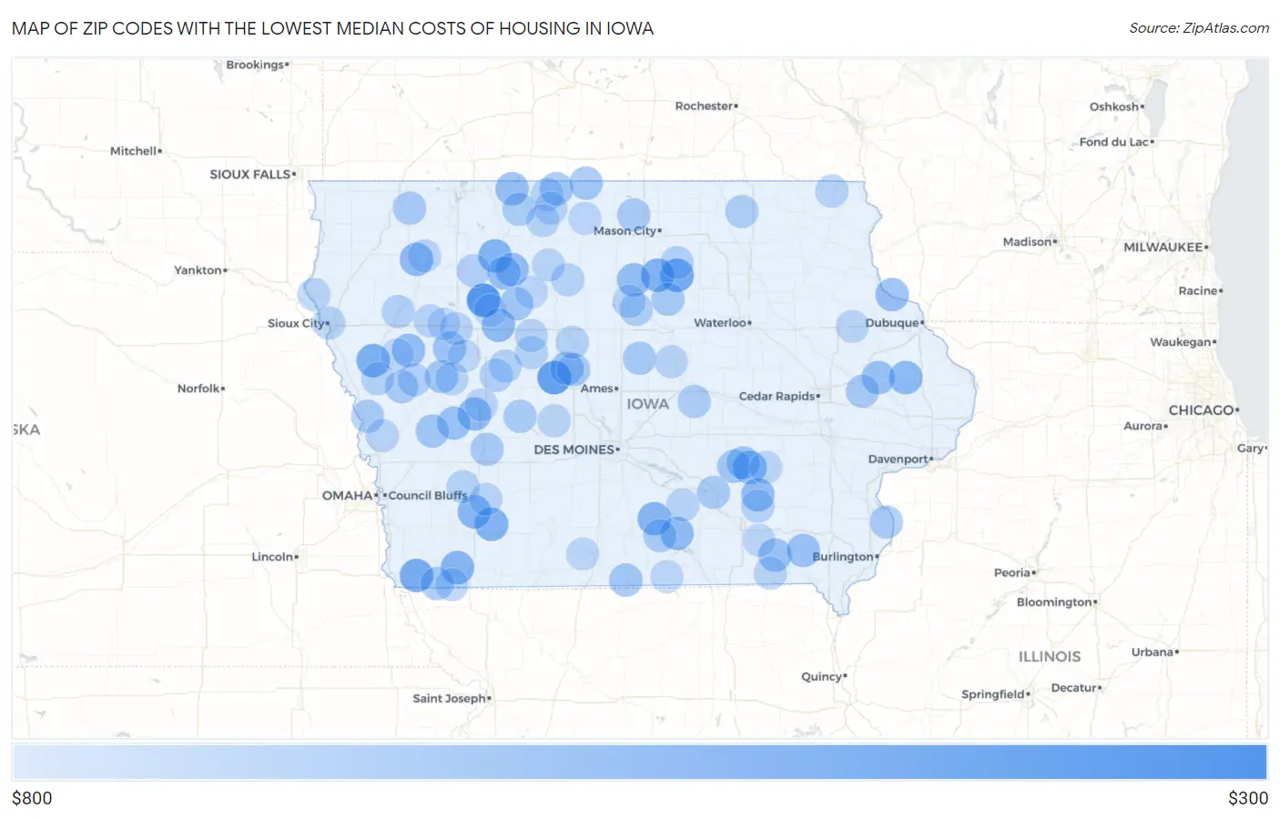 Zip Codes with the Lowest Median Costs of Housing in Iowa Map