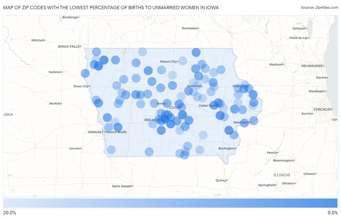 Zip Codes with the Lowest Percentage of Births to Unmarried Women in Iowa Map