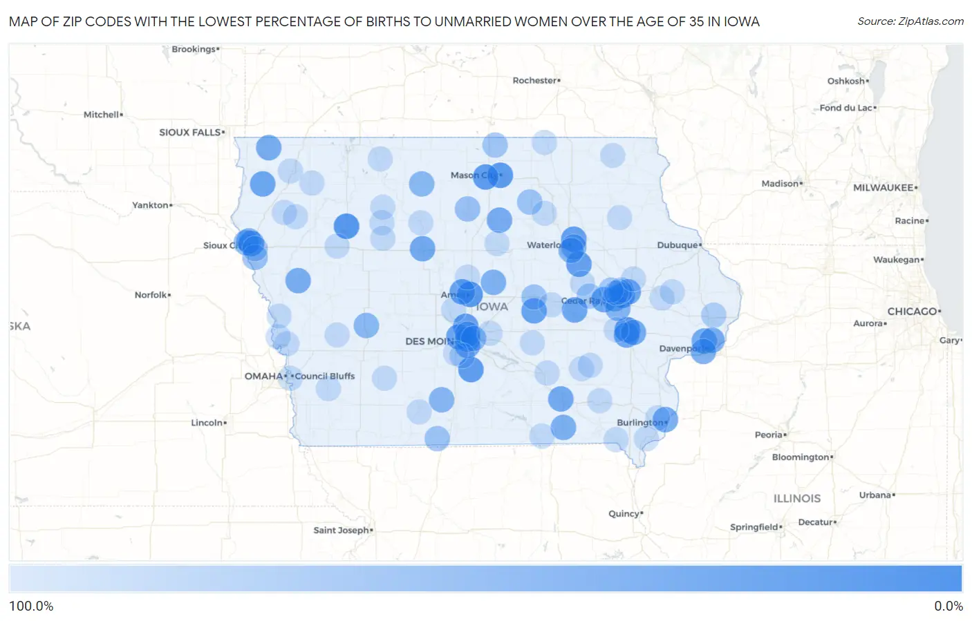 Zip Codes with the Lowest Percentage of Births to Unmarried Women over the Age of 35 in Iowa Map