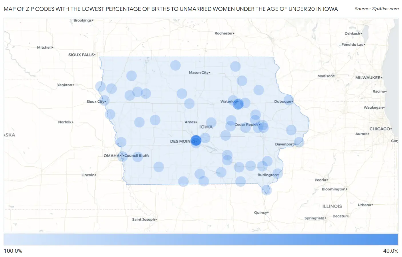 Zip Codes with the Lowest Percentage of Births to Unmarried Women under the Age of under 20 in Iowa Map