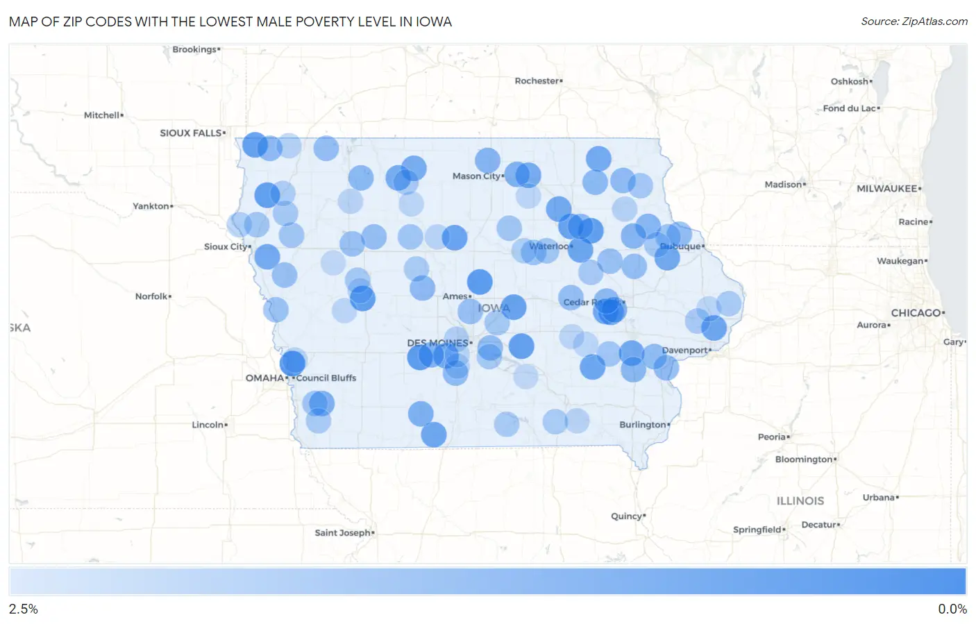 Zip Codes with the Lowest Male Poverty Level in Iowa Map