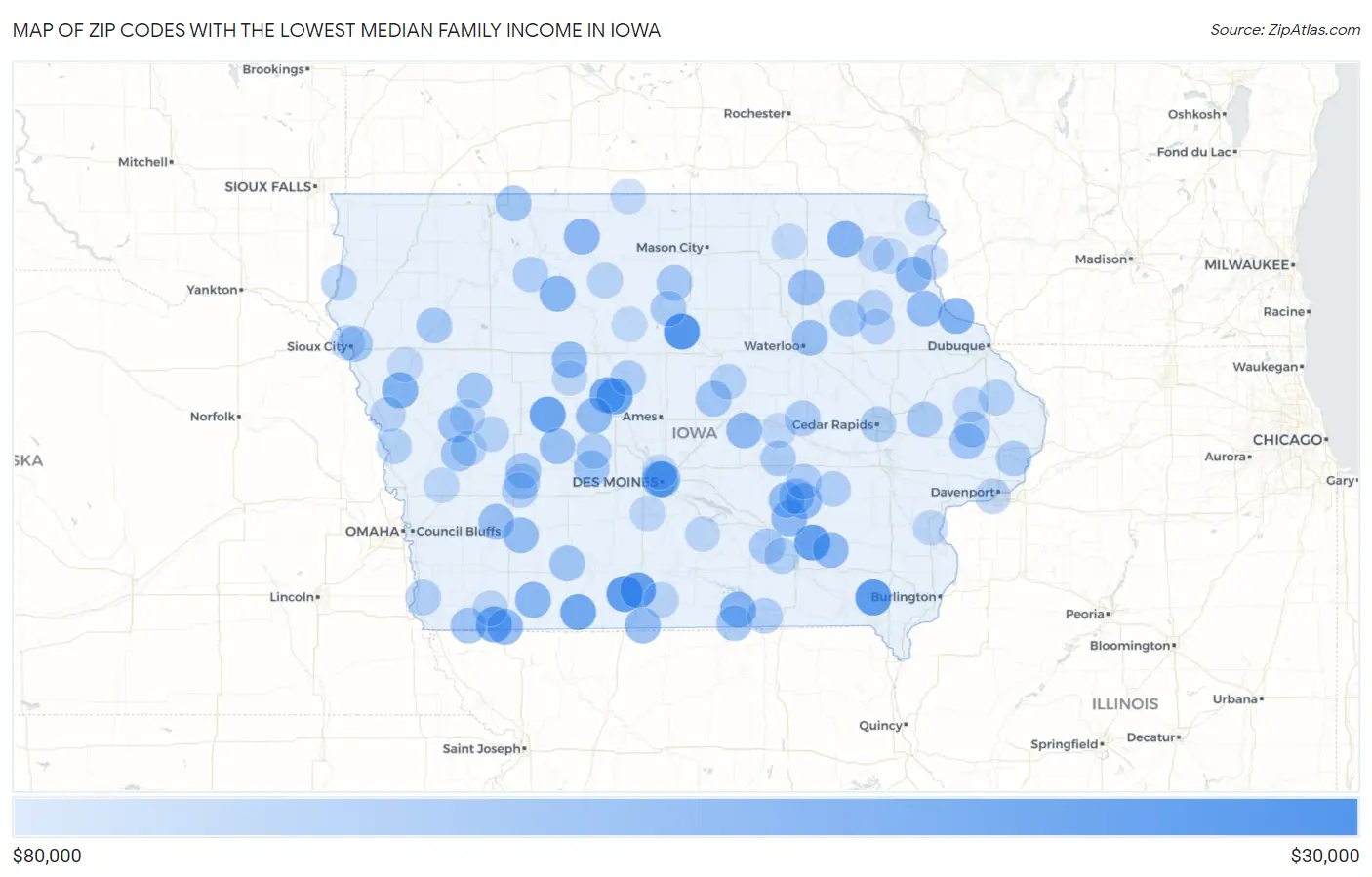 Zip Codes with the Lowest Median Family Income in Iowa Map