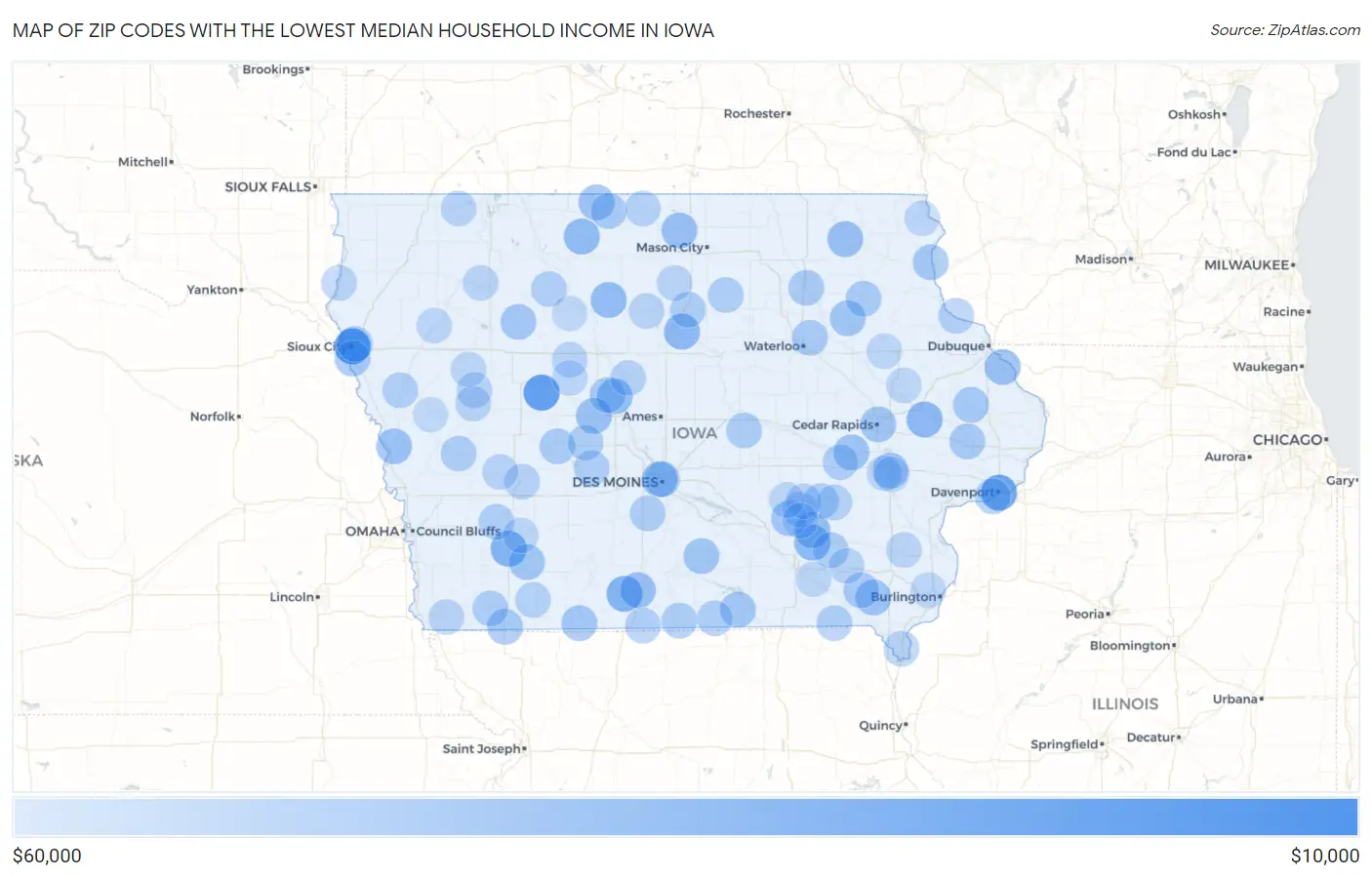 Zip Codes with the Lowest Median Household Income in Iowa Map
