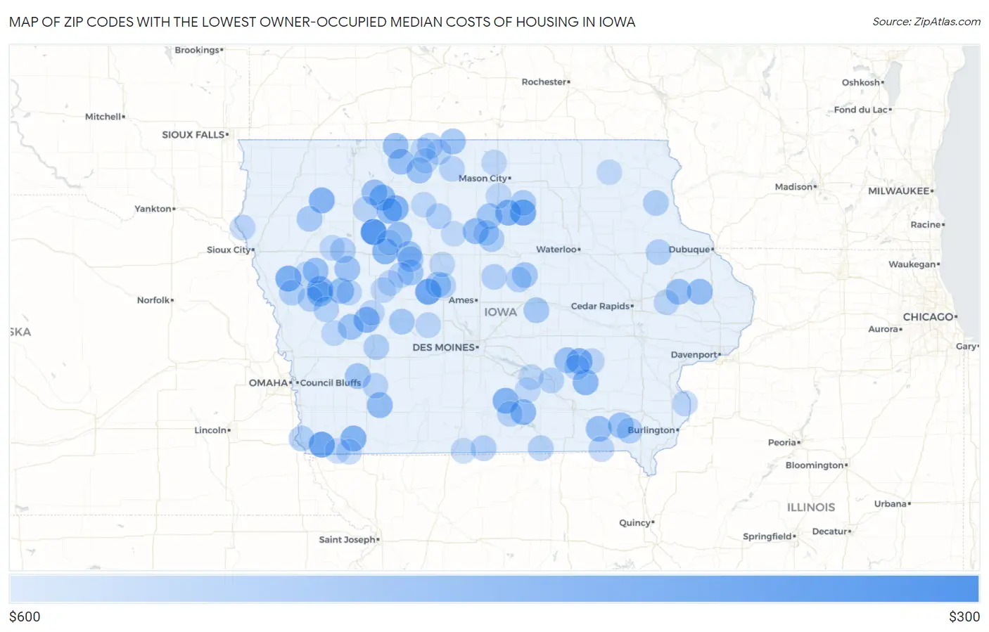 Zip Codes with the Lowest Owner-Occupied Median Costs of Housing in Iowa Map