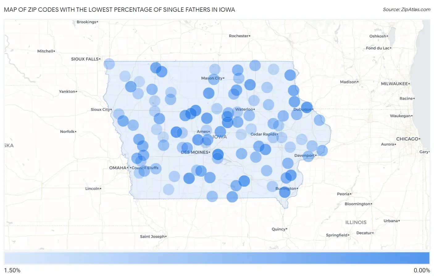 Zip Codes with the Lowest Percentage of Single Fathers in Iowa Map