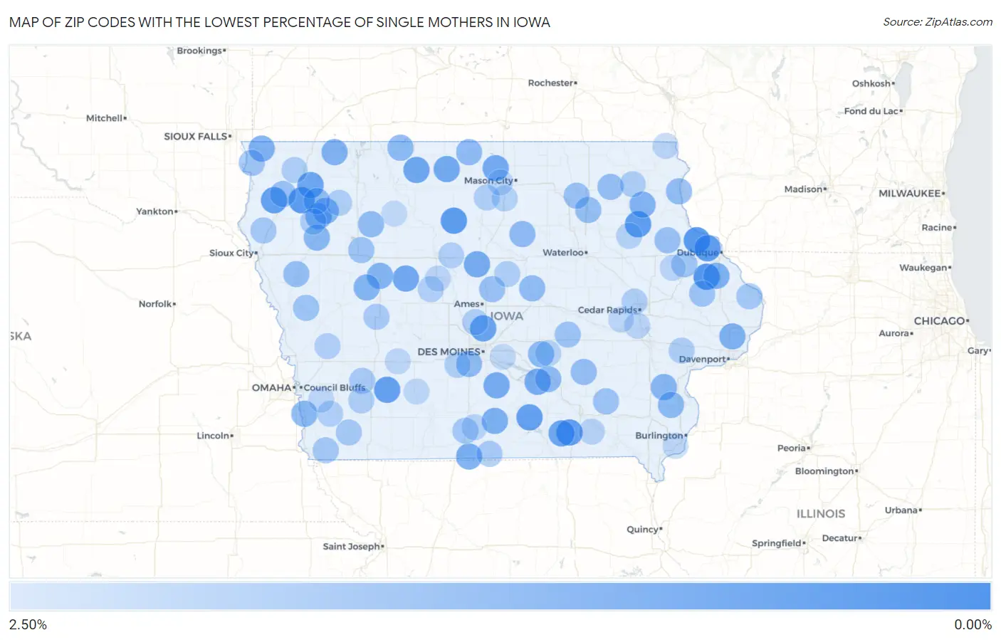 Zip Codes with the Lowest Percentage of Single Mothers in Iowa Map