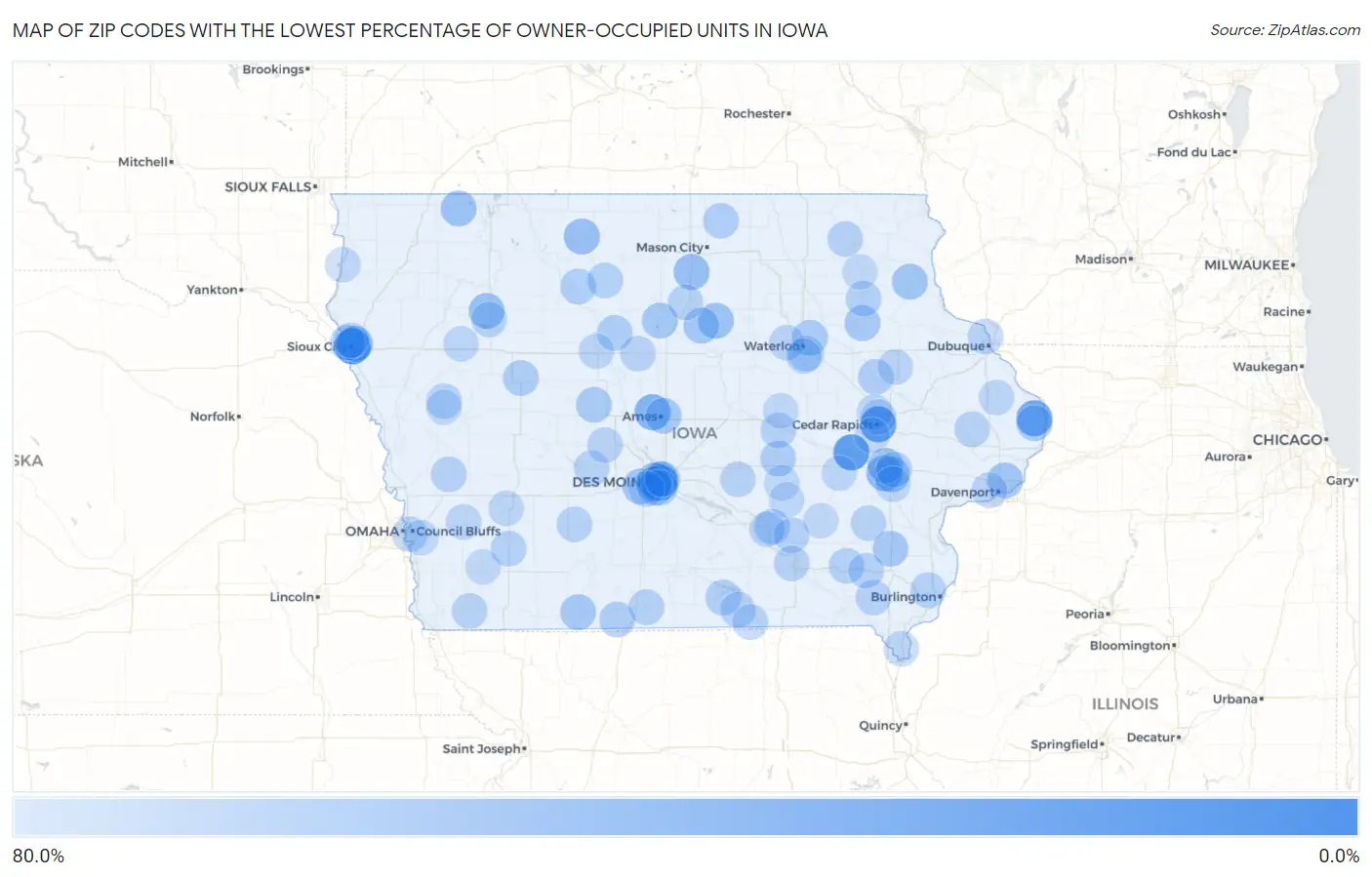 Zip Codes with the Lowest Percentage of Owner-Occupied Units in Iowa Map
