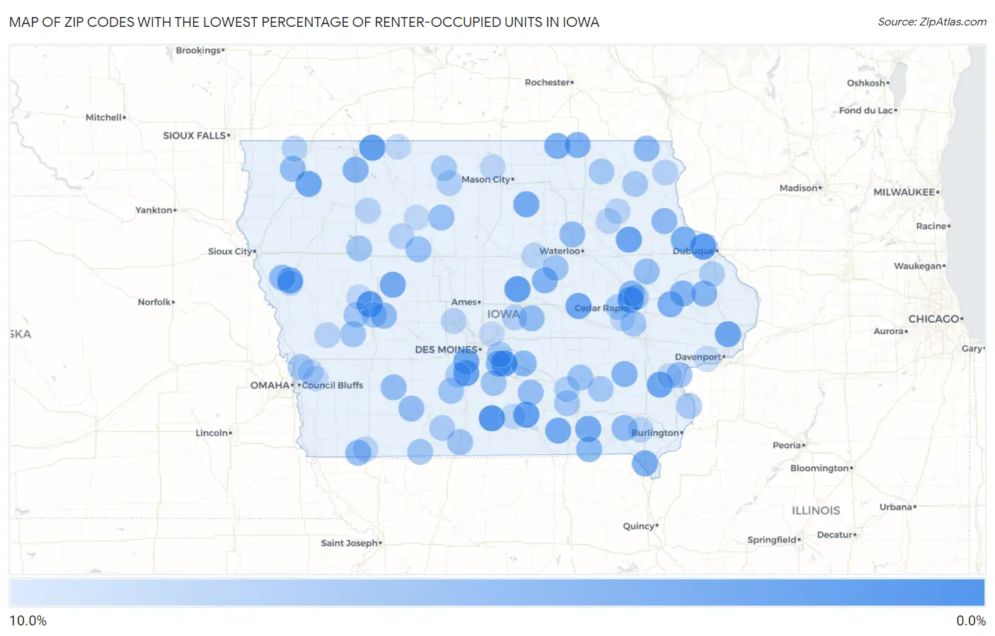 Zip Codes with the Lowest Percentage of Renter-Occupied Units in Iowa Map