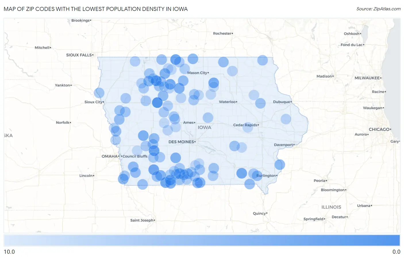 Zip Codes with the Lowest Population Density in Iowa Map