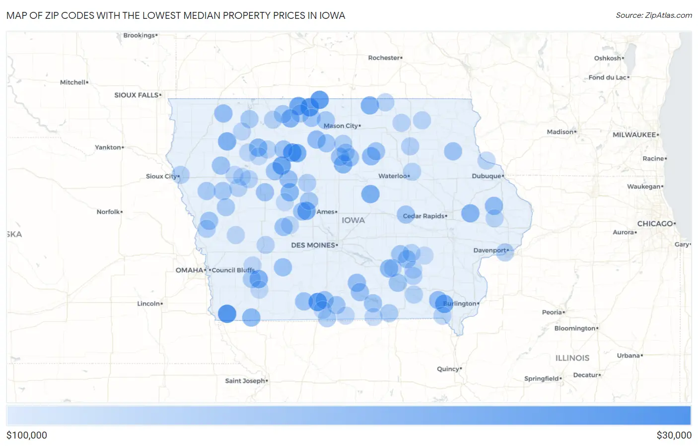 Zip Codes with the Lowest Median Property Prices in Iowa Map