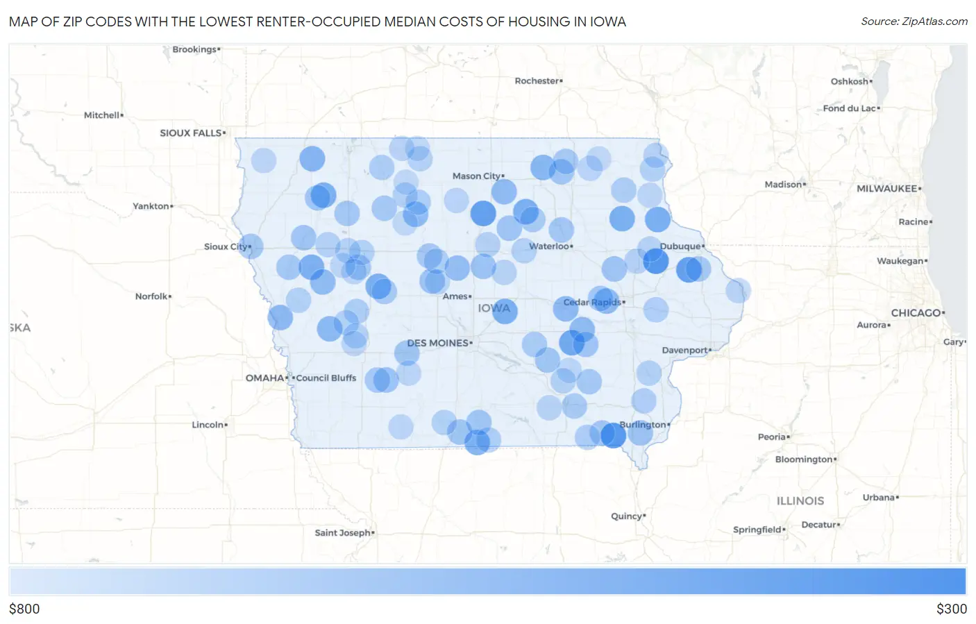 Zip Codes with the Lowest Renter-Occupied Median Costs of Housing in Iowa Map
