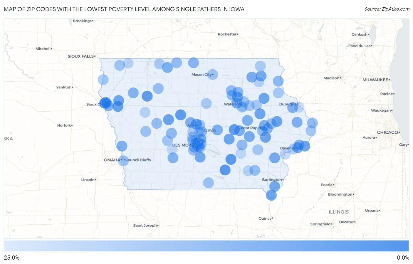 Zip Codes with the Lowest Poverty Level Among Single Fathers in Iowa Map