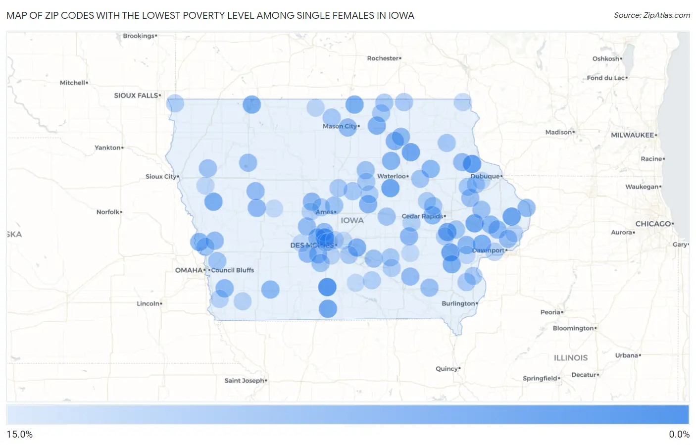 Zip Codes with the Lowest Poverty Level Among Single Females in Iowa Map