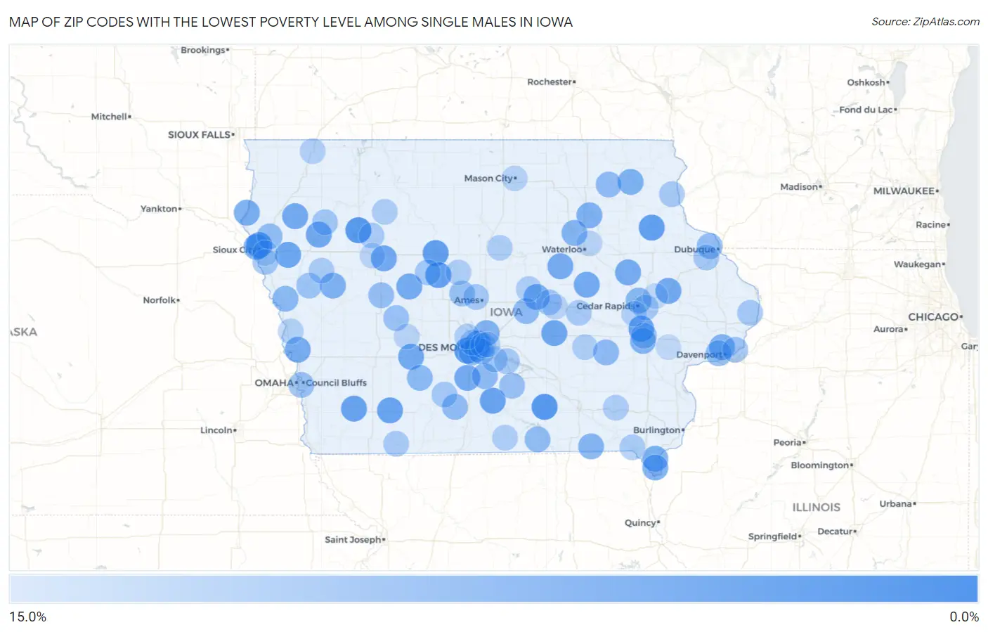 Zip Codes with the Lowest Poverty Level Among Single Males in Iowa Map